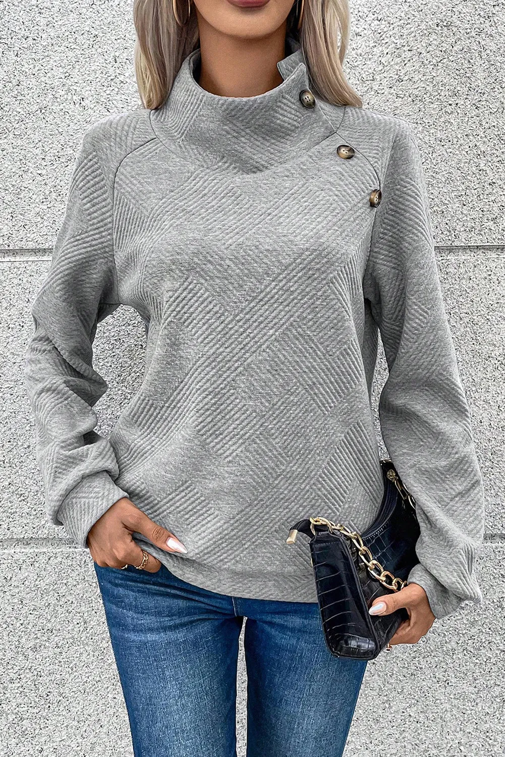 Asymmetric Buttons Detail High Neck Textured Sweatshirt