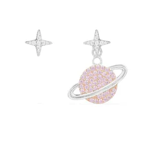 Asymmetric Pink Planet Earrings - Silver