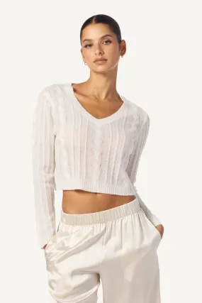 AVI CROPPED CASHMERE V-NECK SHEER CABLE | GARDENIA