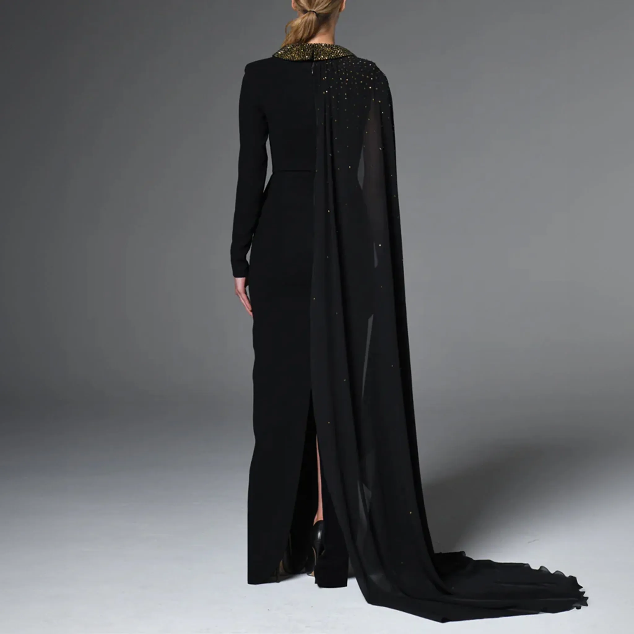 Black Asymmetric Crepe Dress With Crystals