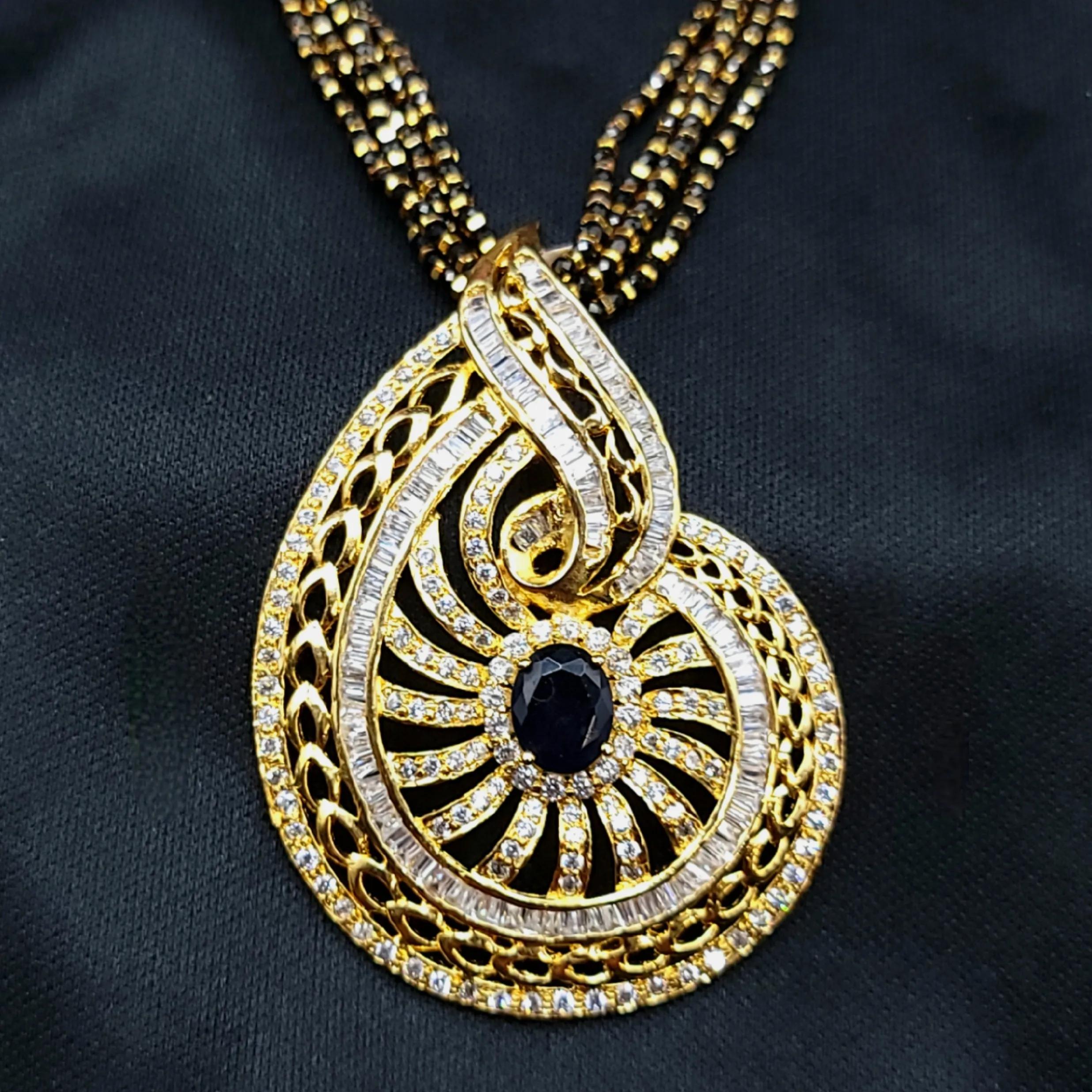 Black Mangalsutra Beads with Sapphire Blue AD Zircon Pendant set