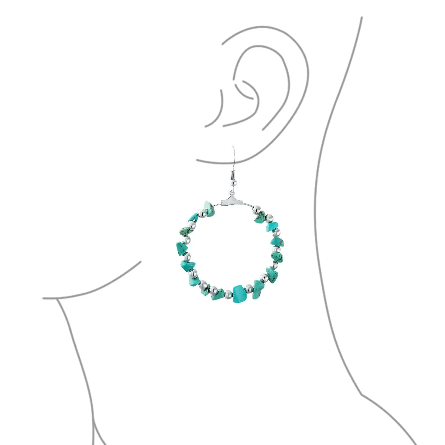 Boho Turquoise Chip Circle Round Hoop Western Earrings Silver Plated