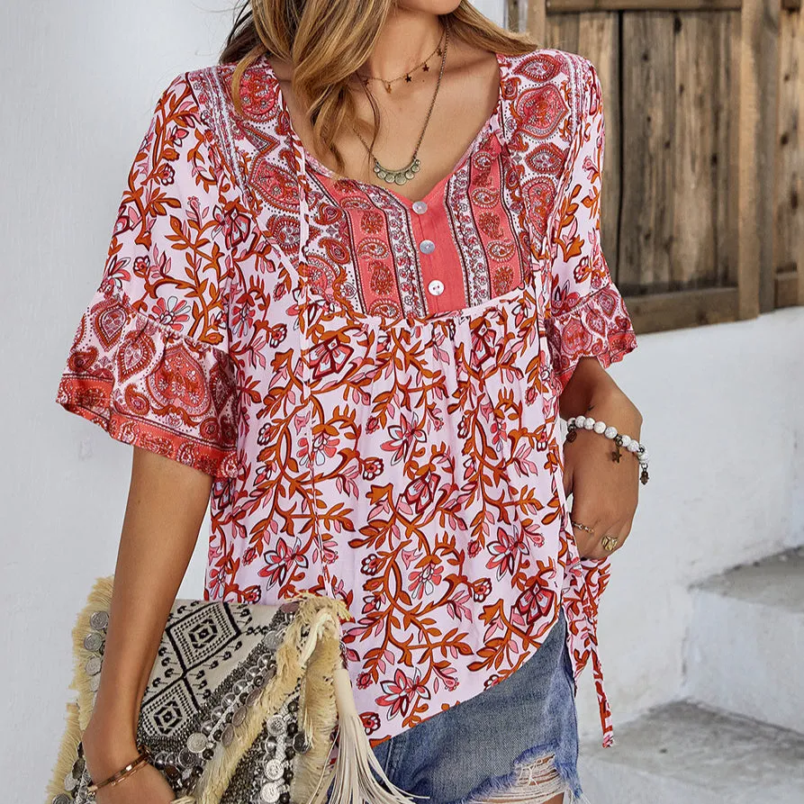 Casual Lace-up Single-breasted Tops Print V Neck Blouse Half Sleeve Wholesale Bohemian Clothing