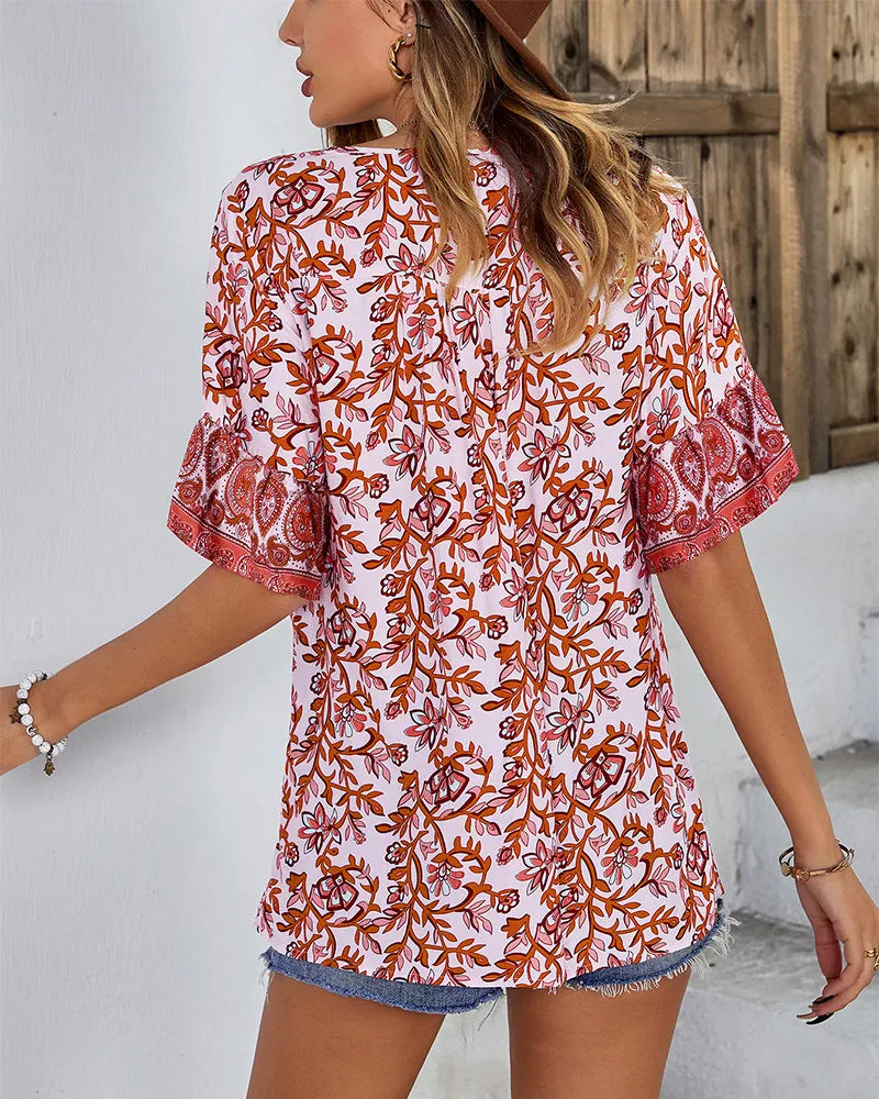 Casual Lace-up Single-breasted Tops Print V Neck Blouse Half Sleeve Wholesale Bohemian Clothing