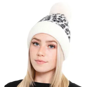 Leopard Patterned Fuzzy Fleece Pom Pom Beanie Hat