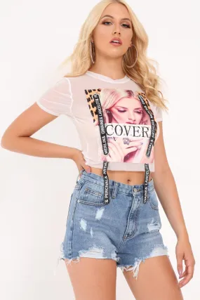 White Graphic Print Mesh Cropped T-Shirt - Lira