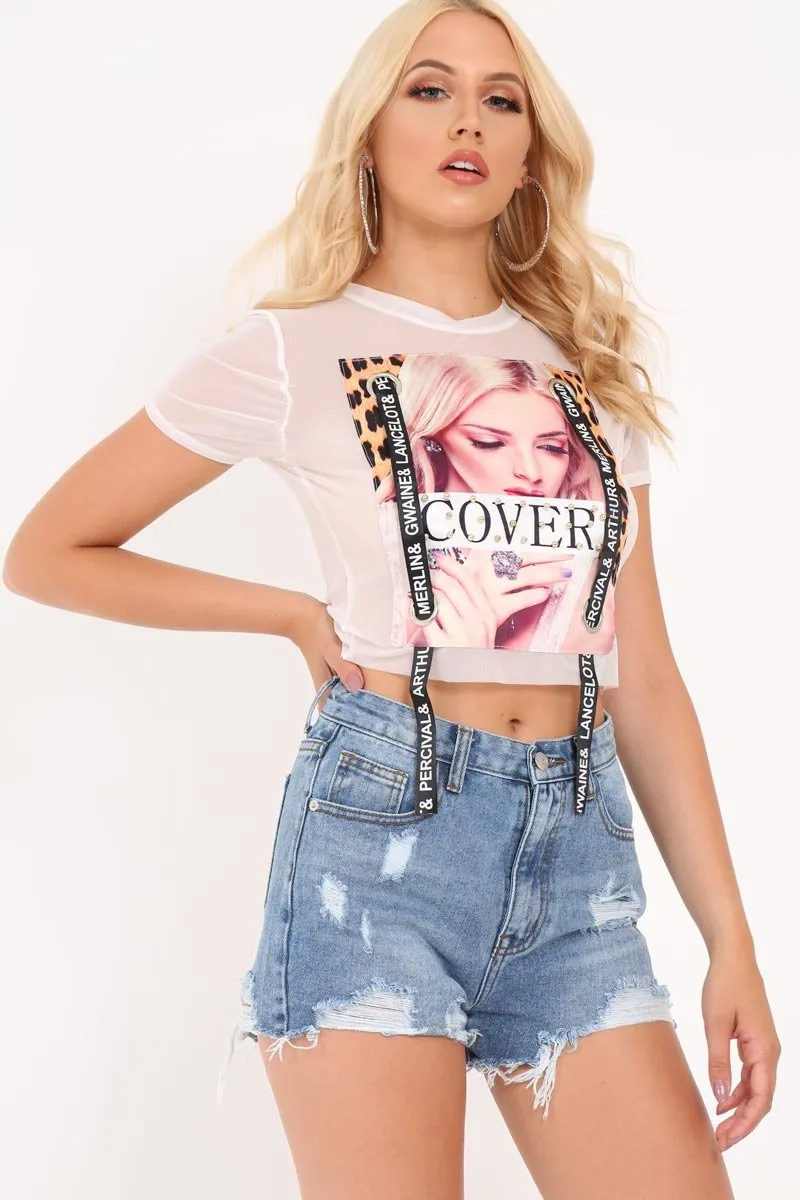 White Graphic Print Mesh Cropped T-Shirt - Lira