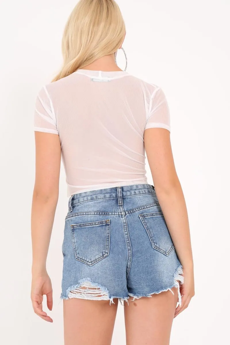 White Graphic Print Mesh Cropped T-Shirt - Lira